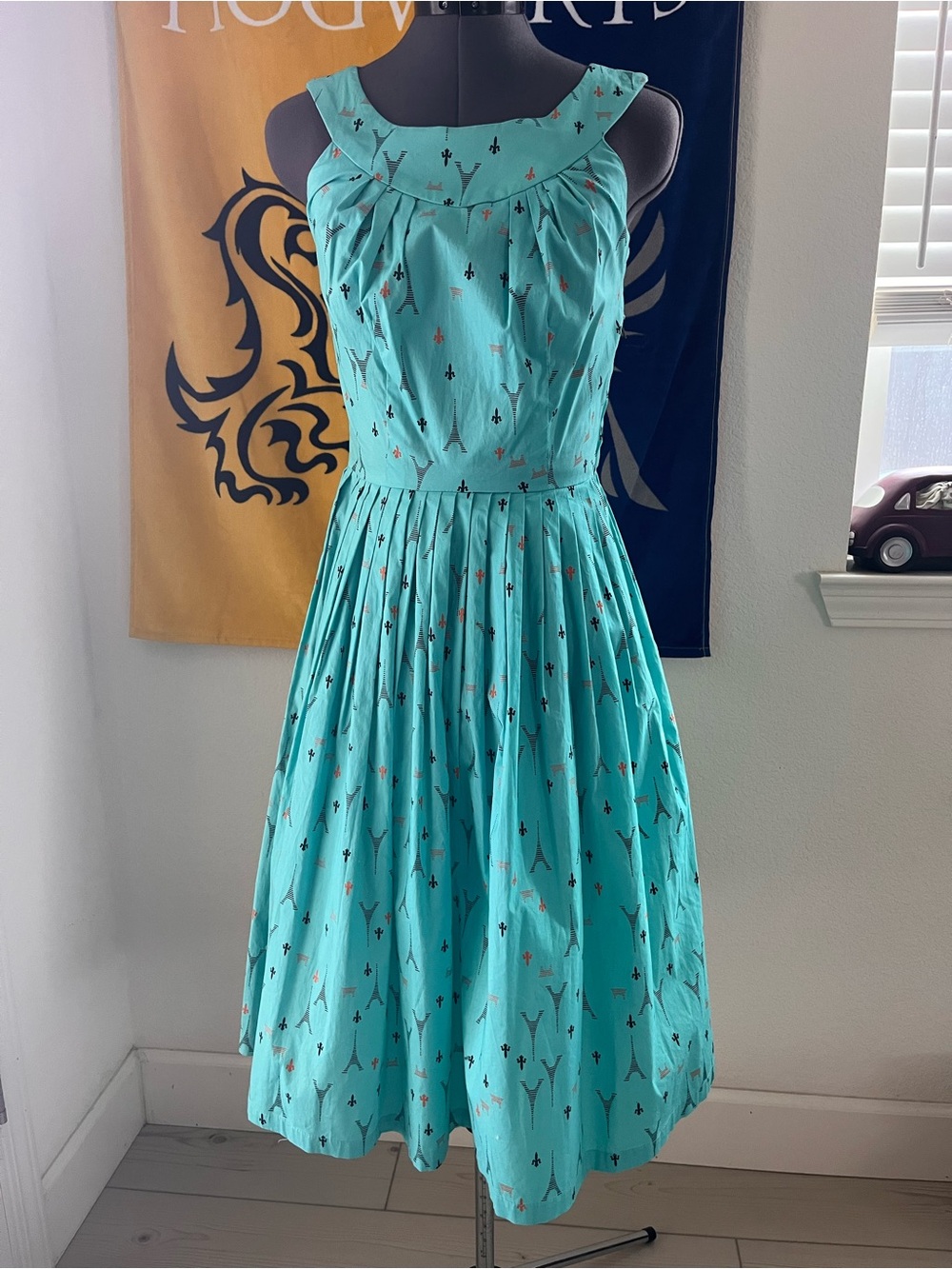 Bettie Page Teal Sleeveless Fit-and-Flare Midi Dress with Sculpted Collar